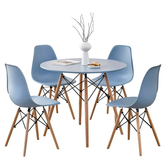 5 Piece 35.5'' Round Dining Table Set for 4, Kitchen Table & Chairs Set of 4, Mid-Century Modern Table W/ 4 Chairs for Home, Living Room, Apartment, Wood Legs, Metal Frame, Blue