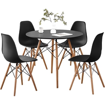 5-Piece 35.5" Round Dining Table Set, Small Kitchen Table Chairs Set of 4 Plastic Seats, Solid Wood Legs, Space Saving Furniture for Living Room Apartment Office Home, Black