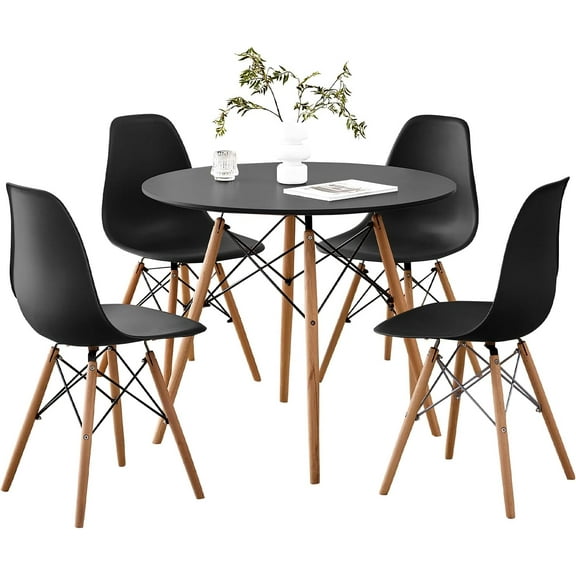 5-Piece 35.5" Round Dining Table Set, Small Kitchen Table Chairs Set of 4 Plastic Seats, Solid Wood Legs, Space Saving Furniture for Living Room Apartment Office Home, Black