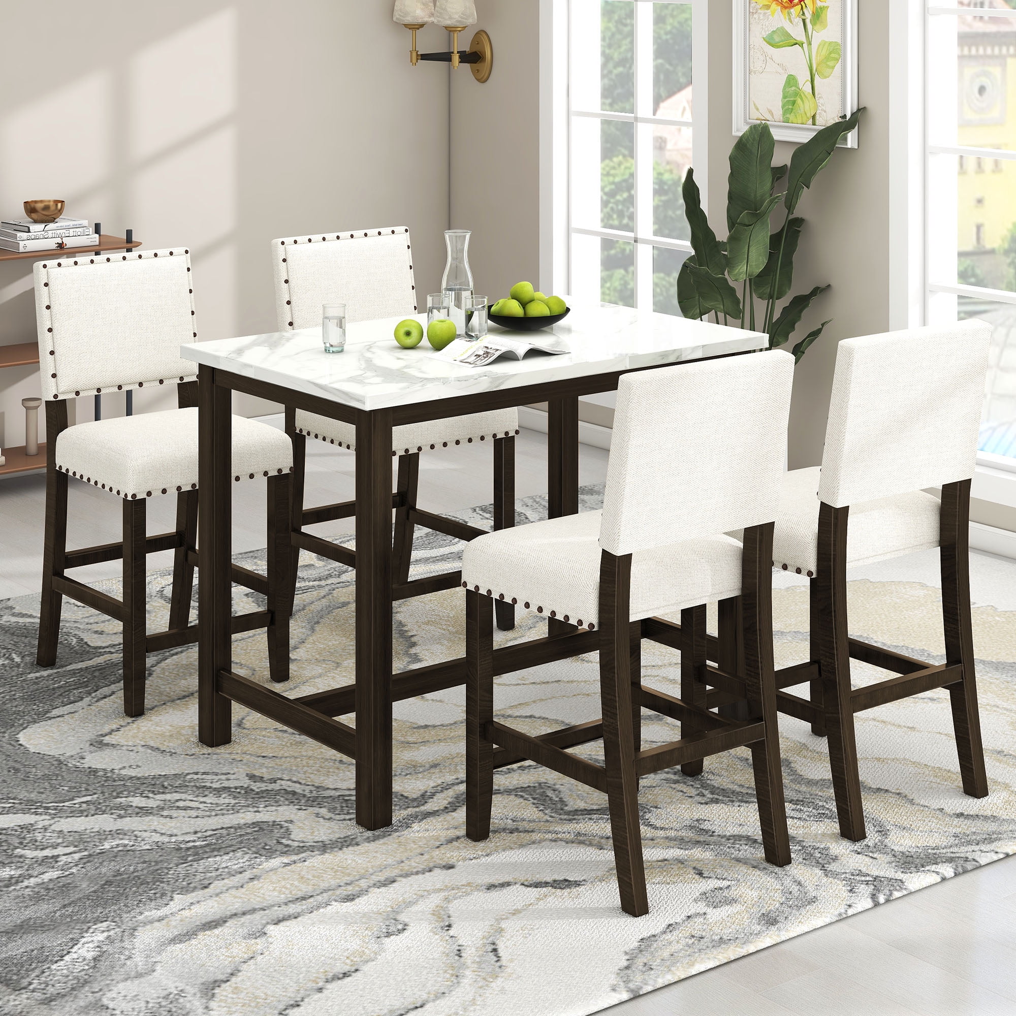 5 Piece 35.8" Rustic Wooden Dining Table Set with 4 Upholstered Chairs ...