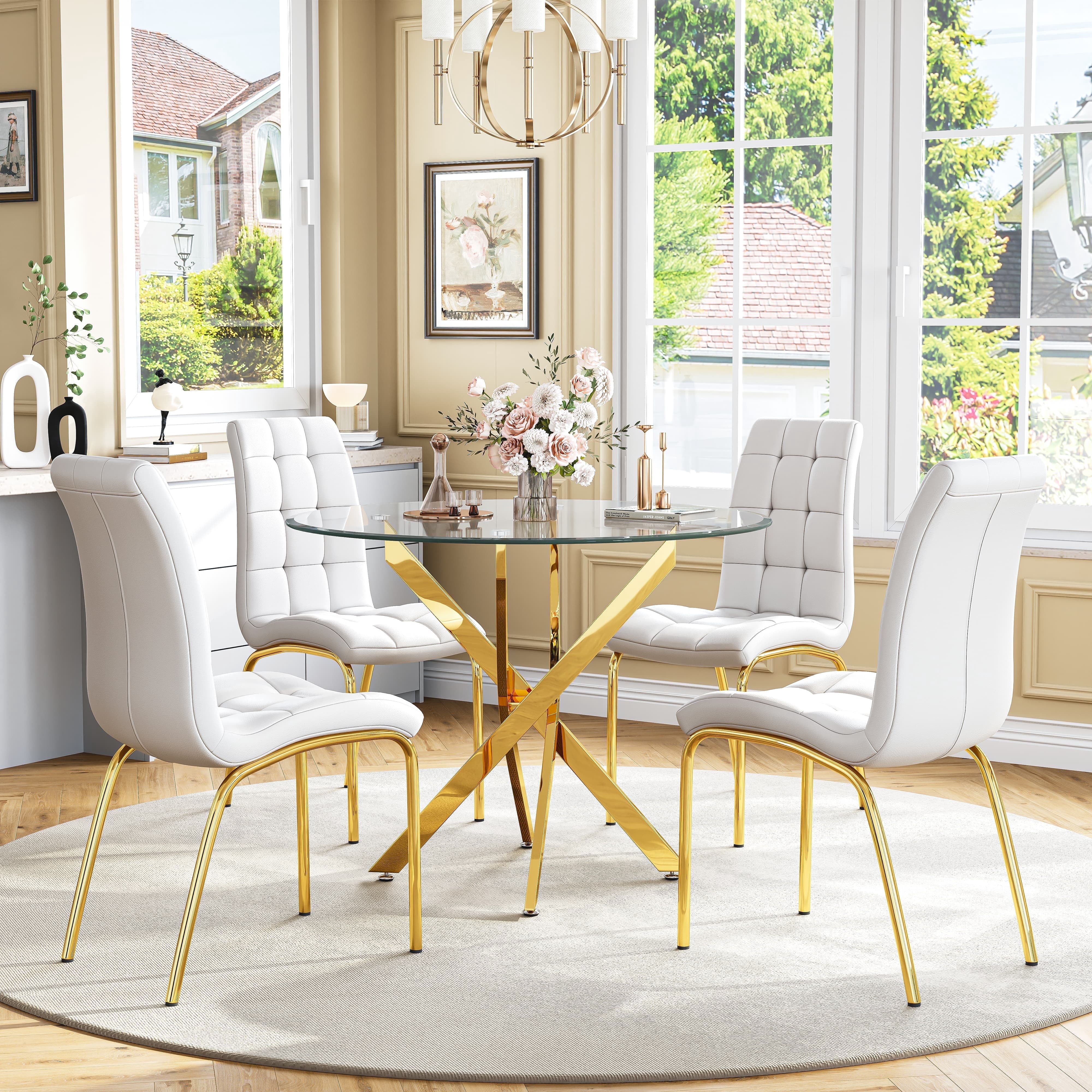 5-Piece 36" Round Glass Dining Set, Clear Tempered Glass Table & 4 PU Leather Chairs with Stainless Steel Legs for Kitchen, Meeting Room