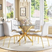 5-Piece 36" Round Glass Dining Set, Clear Tempered Glass Table & 4 PU Leather Chairs with Stainless Steel Legs for Kitchen, Meeting Room