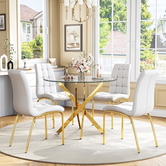 5-Piece 36" Round Glass Dining Set, Clear Tempered Glass Table & 4 PU Leather Chairs with Stainless Steel Legs for Kitchen, Meeting Room