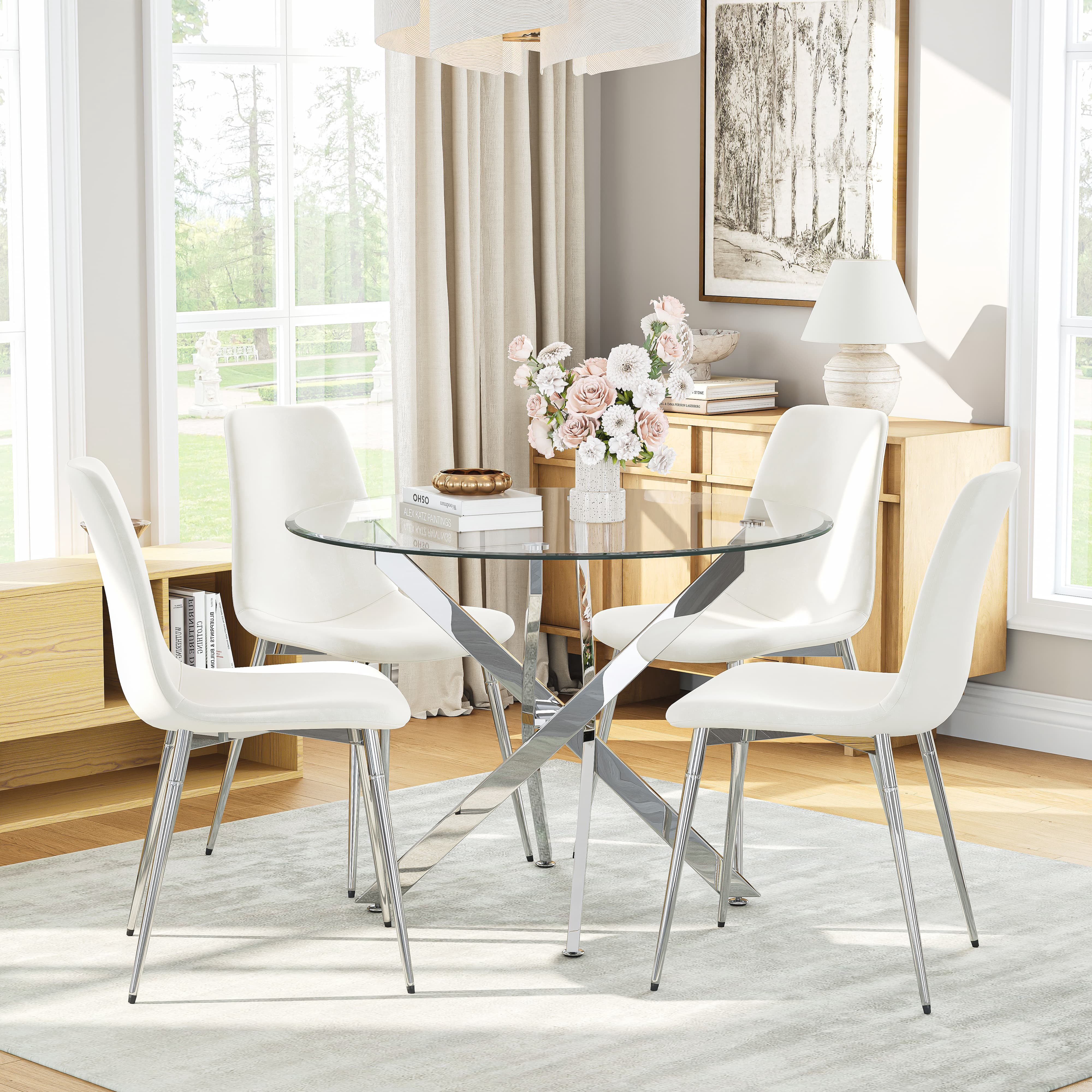 5-Piece 36" Round Glass Dining Set, Clear Tempered Glass Table & 4 ...