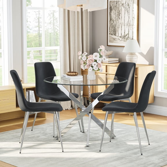 5-Piece 36" Round Glass Dining Set, Clear Tempered Glass Table & 4 Velvet Chairs with Stainless Steel Legs for Kitchen, Meeting Room