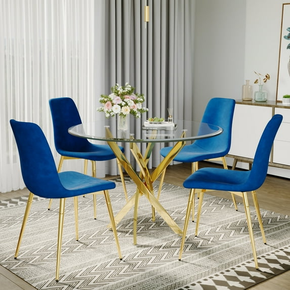 5-Piece 36" Round Glass Dining Set, Clear Tempered Glass Table & 4 Velvet Chairs with Stainless Steel Legs for Kitchen, Meeting Room