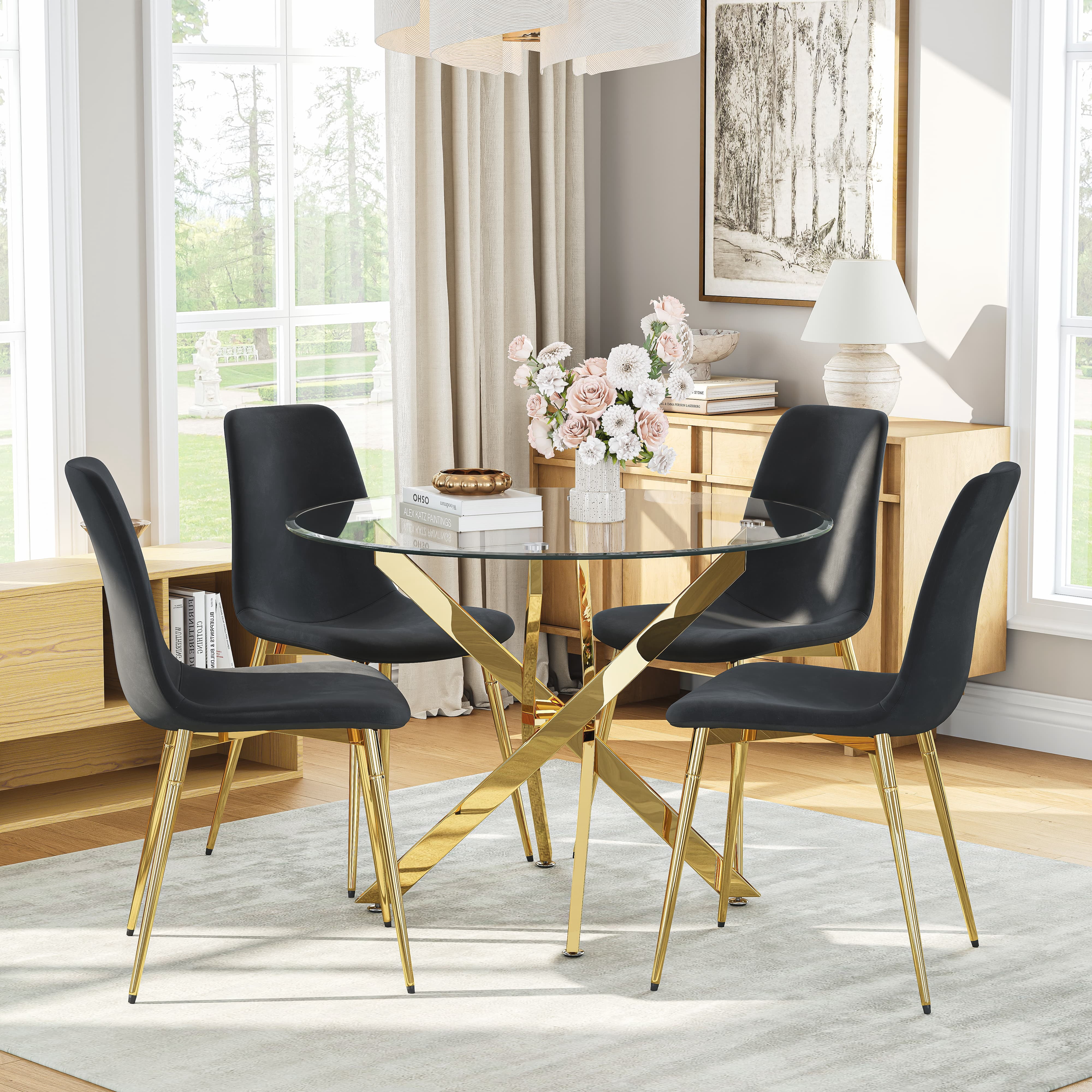5-Piece 36" Round Glass Dining Set, Clear Tempered Glass Table & 4 Velvet Chairs with Stainless Steel Legs for Kitchen, Meeting Room
