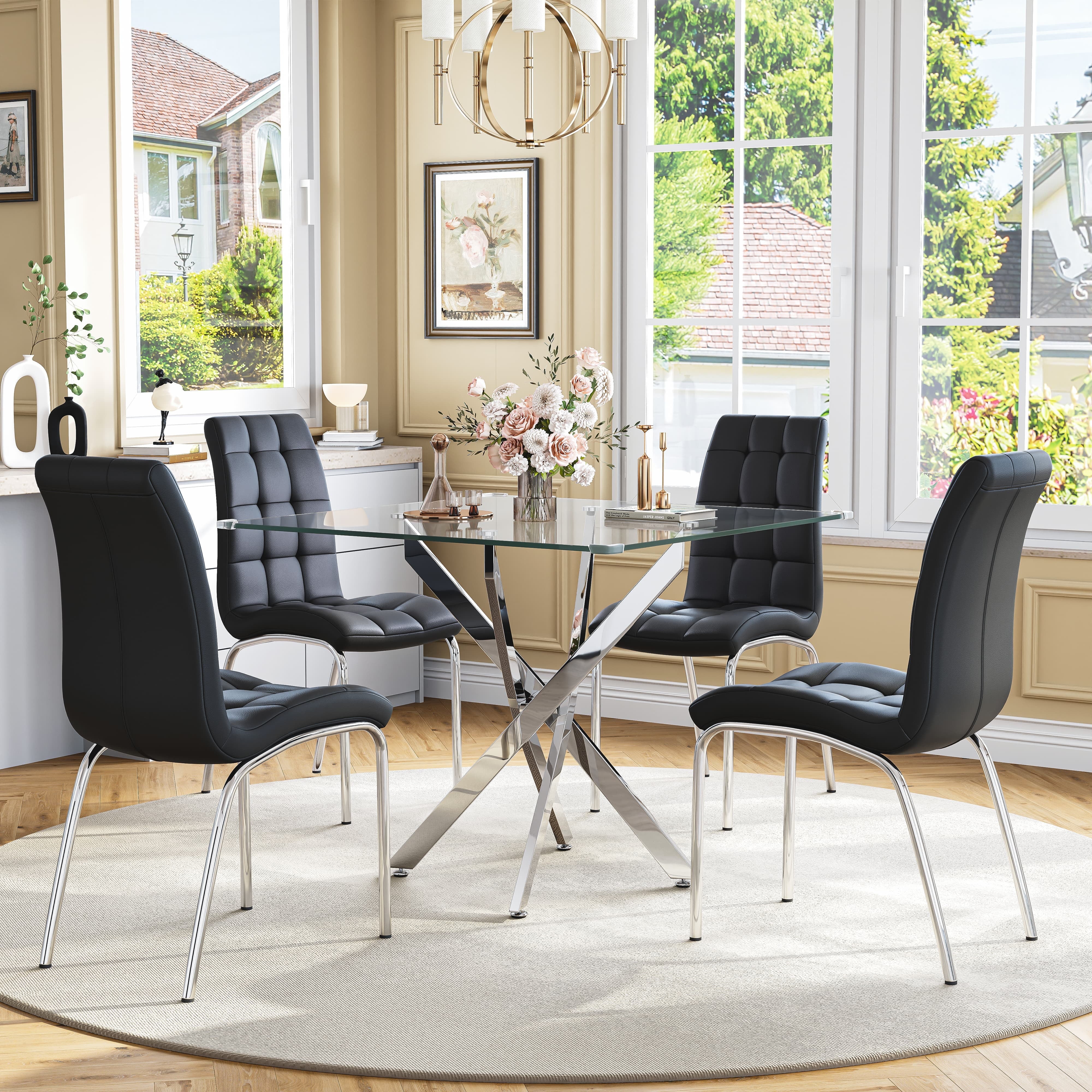 5-Piece 36" Square Glass Dining Set, Clear Tempered Glass Table & 4 PU Leather Chairs with Stainless Steel Legs for Kitchen, Meeting Room
