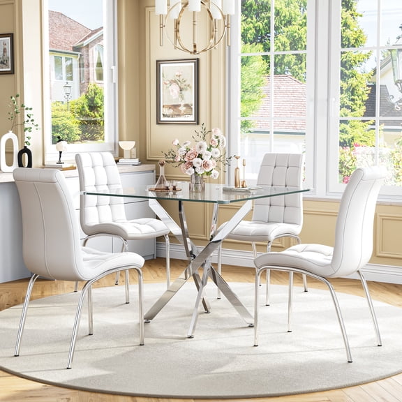 5-Piece 36" Square Glass Dining Set, Clear Tempered Glass Table & 4 PU Leather Chairs with Stainless Steel Legs for Kitchen, Meeting Room