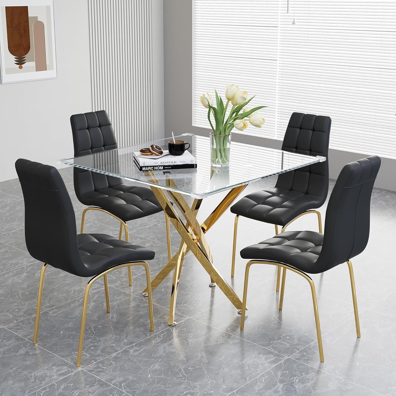 5-Piece 36" Square Glass Dining Set, Clear Tempered Glass Table & 4 PU Leather Chairs with ...