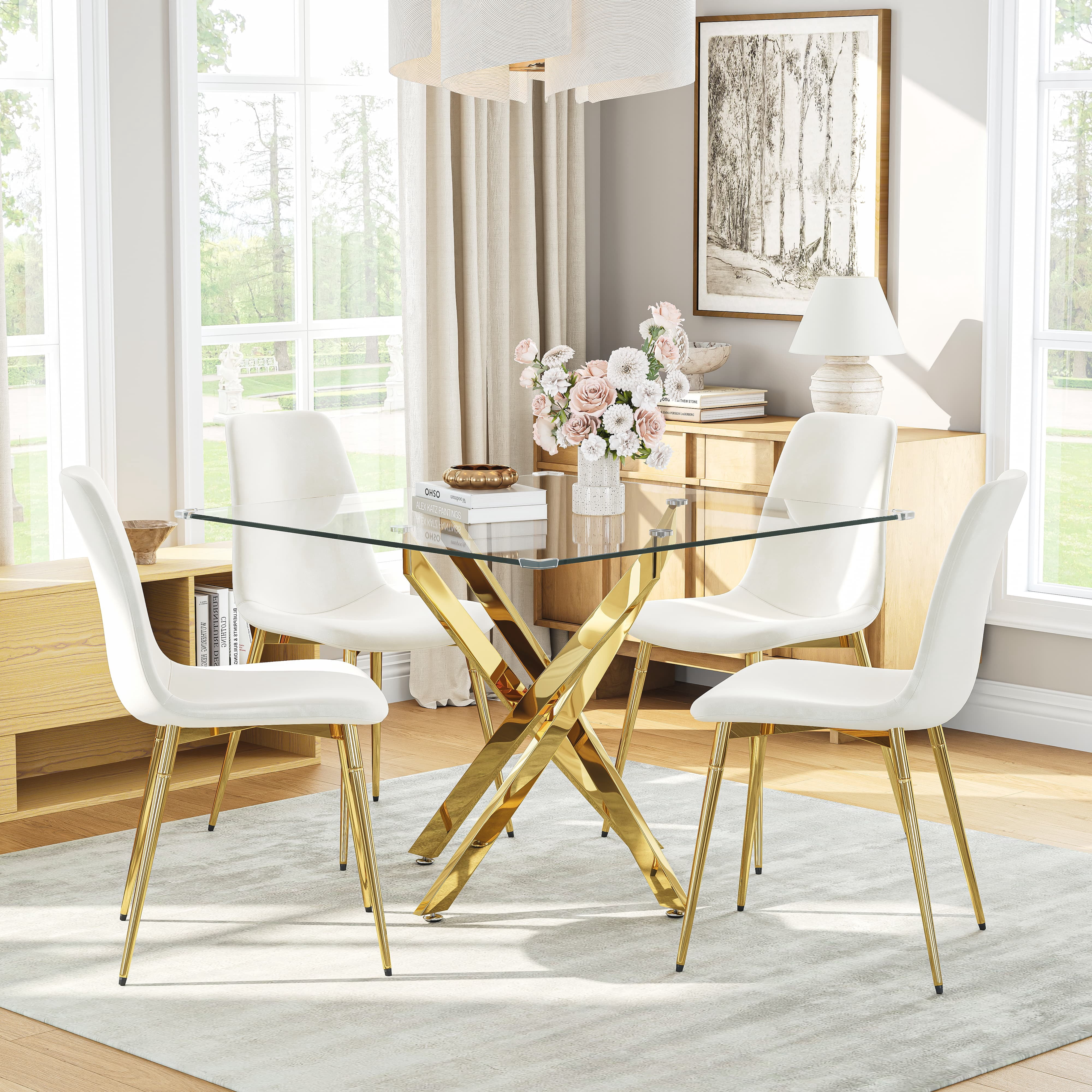 5-Piece 36" Square Glass Dining Set, Clear Tempered Glass Table & 4 Velvet Chairs with Stainless Steel Legs for Kitchen, Meeting Room