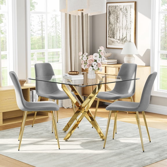 5-Piece 36" Square Glass Dining Set, Clear Tempered Glass Table & 4 Velvet Chairs with Stainless Steel Legs for Kitchen, Meeting Room
