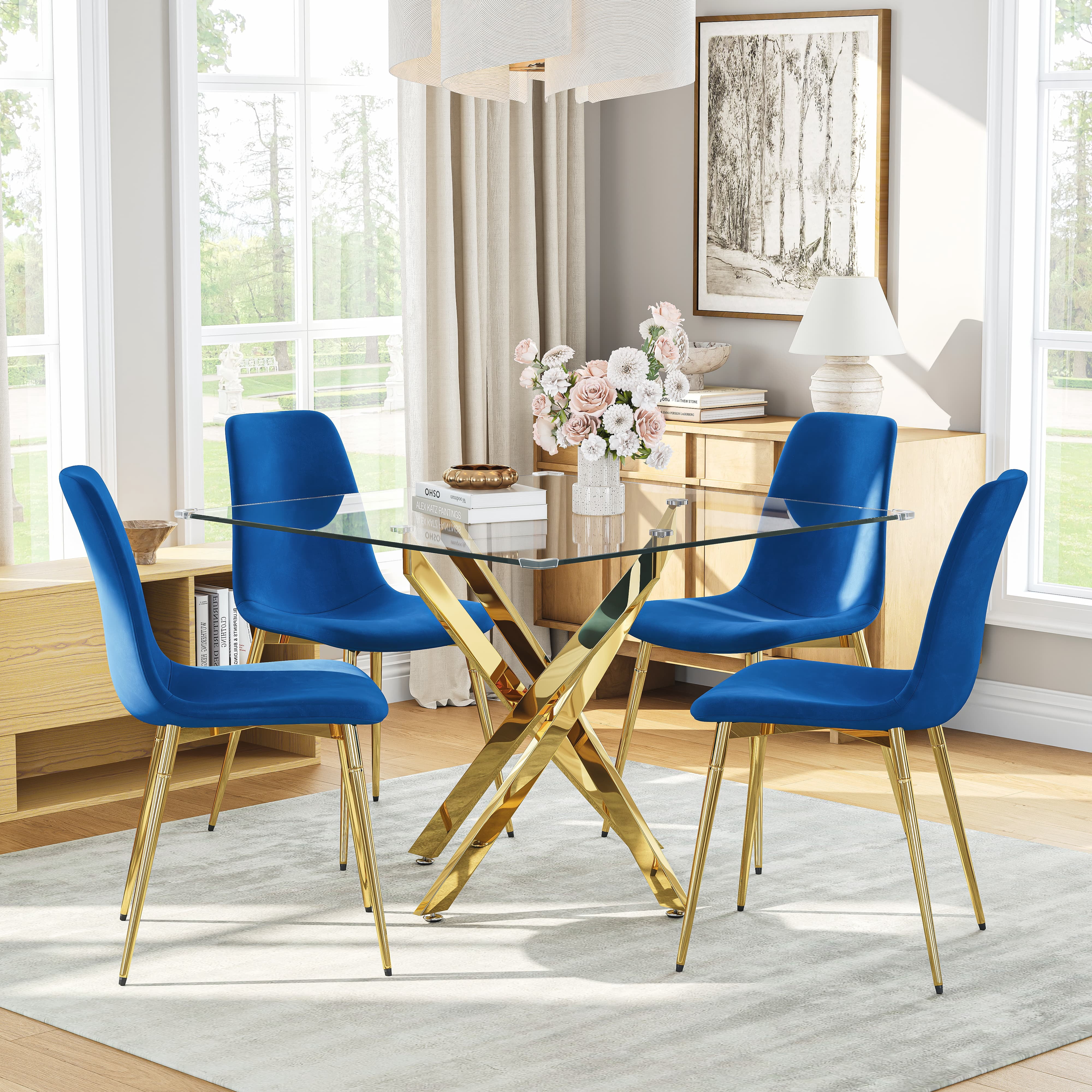5-Piece 36" Square Glass Dining Set, Clear Tempered Glass Table & 4 Velvet Chairs with Stainless Steel Legs for Kitchen, Meeting Room