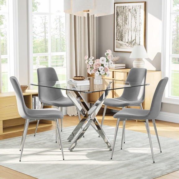 5-Piece 36" Square Glass Dining Set, Clear Tempered Glass Table & 4 Velvet Chairs with Stainless Steel Legs for Kitchen, Meeting Room