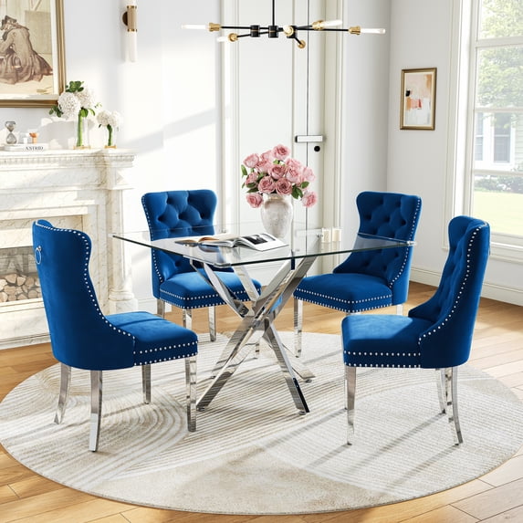 5-Piece 36" Square Glass Dining Table for 4, Clear Tempered Glass Top & stainless steel Metal Legs Dining Table with Dining Chairs for Dining Room, Kitchen, Meeting Room