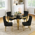 thumbnail image 1 of 5-Piece 37" Square Glass Dining Table Set for 4, Tempered Glass Top with Flute-Inspired Mirrored Stainless Steel Legs, 4 Button-Tufted Velvet Chairs with Stainless Steel Legs, 1 of 7