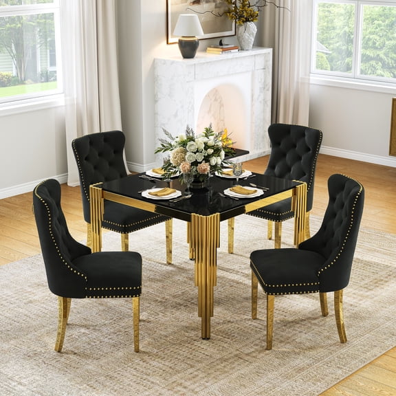 5-Piece 37" Square Glass Dining Table Set for 4, Tempered Glass Top with Flute-Inspired Mirrored Stainless Steel Legs, 4 Button-Tufted Velvet Chairs with Stainless Steel Legs