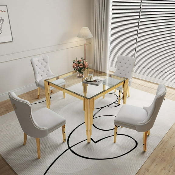 5-Piece 37" Square Glass Dining Table Set for 4, Tempered Glass Top with Flute-Inspired Mirrored Stainless Steel Legs, 4 Button-Tufted Velvet Chairs with Stainless Steel Legs