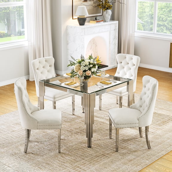5-Piece 37" Square Glass Dining Table Set for 4, Tempered Glass Top with Flute-Inspired Mirrored Stainless Steel Legs, 4 Button-Tufted Velvet Chairs with Stainless Steel Legs