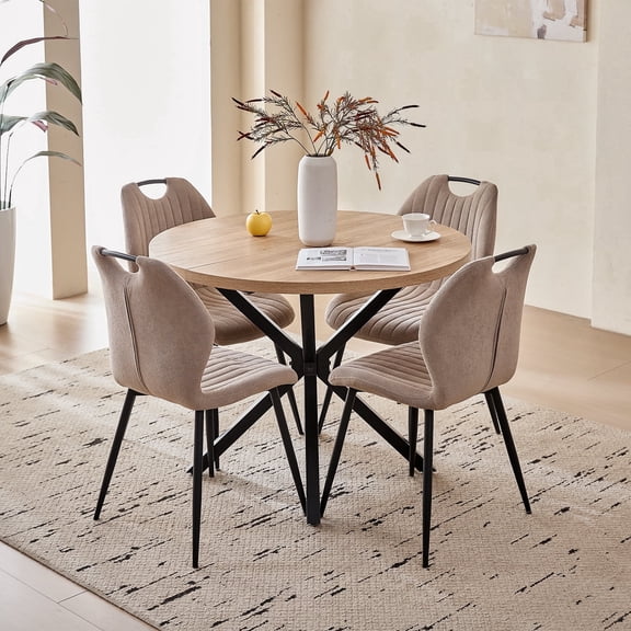 5 Piece 39" Round Dining Table Set for 4, Mid Century Kitchen Table with 4 Khaki Fabric Upholstered Dining Chairs for Apartment Living Room, Space Saving Table.