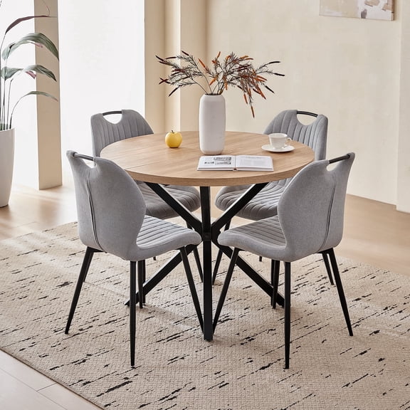 5 Piece 39" Round Dining Table Set for 4, Mid Century Kitchen Table with 4 Khaki Gray Upholstered Dining Chairs for Apartment Living Room, Space Saving Table.