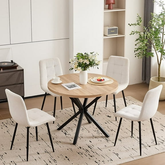 5 Piece 39" Round Mid-Century Dining Table Set for 4, with 4 Corduroy Upholstered Chairs, Compact Kitchen Table for Small Space, Apartment Living Room