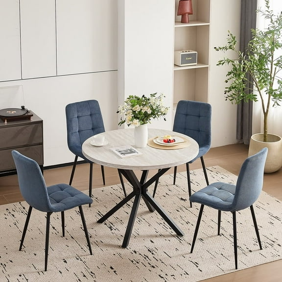 5 Piece 39" Round Mid-Century Dining Table Set for 4, with 4 Corduroy Upholstered Chairs, Compact Kitchen Table for Small Space, Apartment Living Room