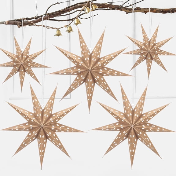 5-Piece 3D Paper Lantern - 24 inch Hollow Star Lamps - Xmas, Wedding, Birthday Multicolor Pack (9 Pointed Stars, Light Khaki)