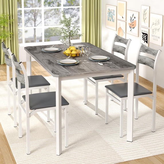 MIERES 5-Piece 4-Person Dining Set, Gray-White Wood-Grain Kitchen Dining Set with PU Leather Upholstered Chairs, Modern Wooden Kitchen Dining Set - Gray