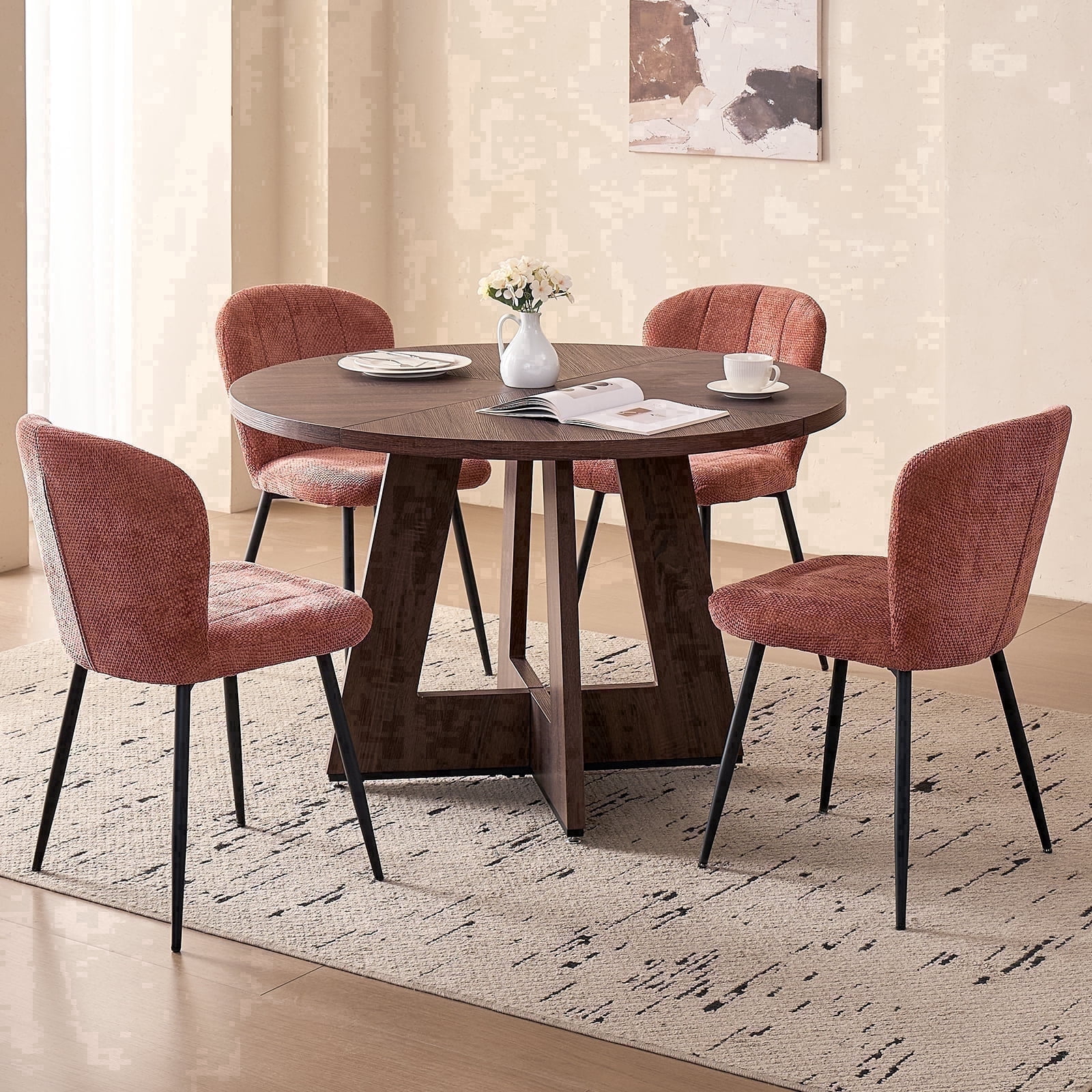 5 Piece 47" Round Dining Room Table Set for 4, [Fanned Base] [1.38" Thick Top] Wood Kitchen Table with 4 Orange Chenille Dining Chairs