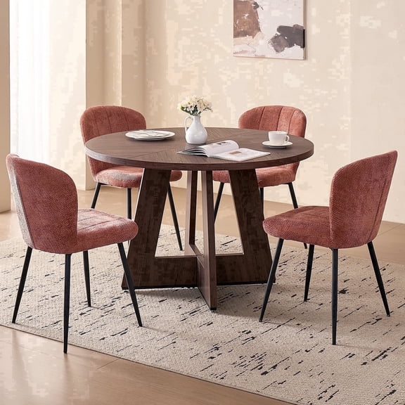 5 Piece 47" Round Dining Room Table Set for 4, [Fanned Base] [1.38" Thick Top] Wood Kitchen Table with 4 Orange Chenille Dining Chairs