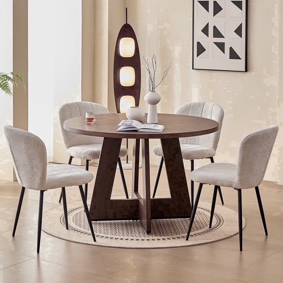 5-Piece 47" Round Dining Table & Chairs Set for 4, Wood Brown Kitchen Table with 4 White Chenille Upholstered Chairs for Living Room, Home, Apartment