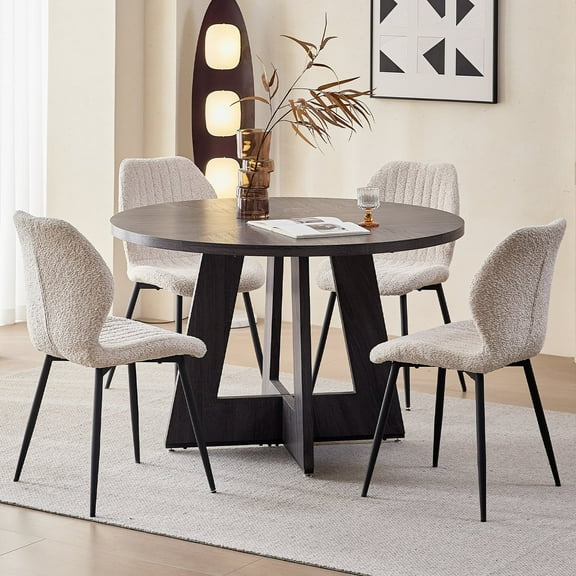 5 Piece 47'' Round Dining Table Chairs Set for 4, Farmhouse Gray Kitchen Table with 4 Boucle Mid Century Modern Dinning Room Chairs, Wood Dinner Table &Upholstered Chair Set of 4, Beige
