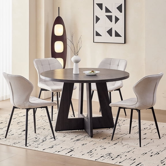 5 Piece 47'' Round Dining Table Chairs Set for 4, Farmhouse Grey Kitchen Table with Chairs Mid Century Modern Dinning Room Set Wood Kitchen Table with 4 Water-Resistant Fabric Dining Chairs, White