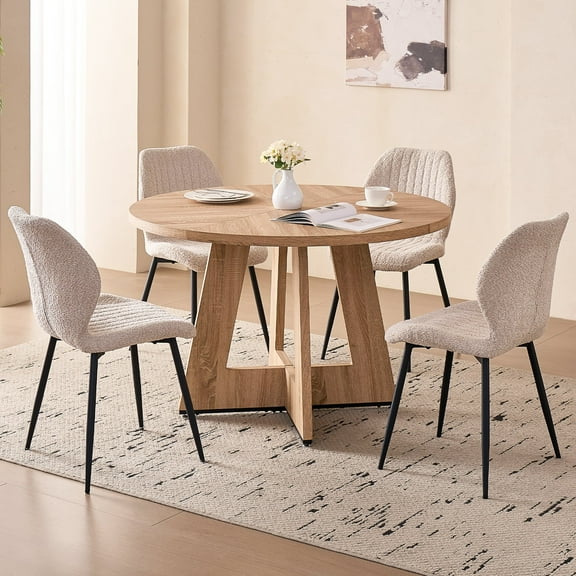 5 Piece 47'' Round Dining Table Chairs Set for 4, Farmhouse Oak Kitchen Table with 4 Boucle Mid Century Modern Dinning Room Chairs, Wood Dinner Table &Upholstered Chair Set of 4, Beige
