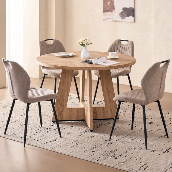 5 Piece 47'' Round Dining Table Chairs Set for 4, Farmhouse Oak Kitchen Table with 4 Scandi Mid Century Modern Dinning Room Chairs, Wood Dinner Table &Upholstered Fabric Chairs Set of 4, Khaki