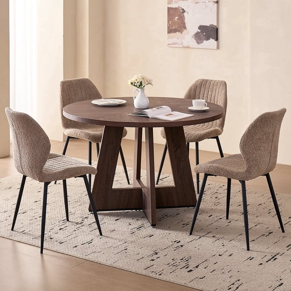 5 Piece 47'' Round Dining Table Chairs Set for 4, Farmhouse Oak Kitchen Table with 4 Scandi Mid Century Modern Dinning Room Chairs, Wood Dinner Table &Upholstered Fabric Chairs Set of 4, Brown