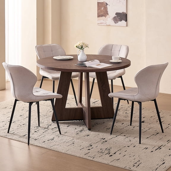 5 Piece 47'' Round Dining Table Chairs Set for 4, Farmhouse Walnut Kitchen Table and Chairs Mid Century Modern Wood Dining Table with 4 Water-Resistant Fabric Dining Chairs, White