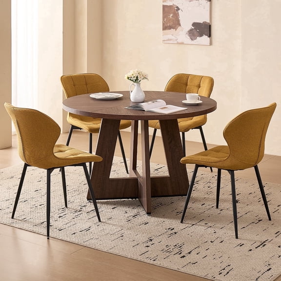 5 Piece 47'' Round Dining Table Chairs Set for 4, Farmhouse Walnut Kitchen Table and Chairs Mid Century Modern Wood Dining Table with 4 Water-Resistant Fabric Dining Chairs, Yellow