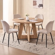 5 Piece 47 Round Dining Table Set for 4, Farmhouse Oak Kitchen Table with 4 Beige Boucle Modern Chairs, Wood Furniture Set
