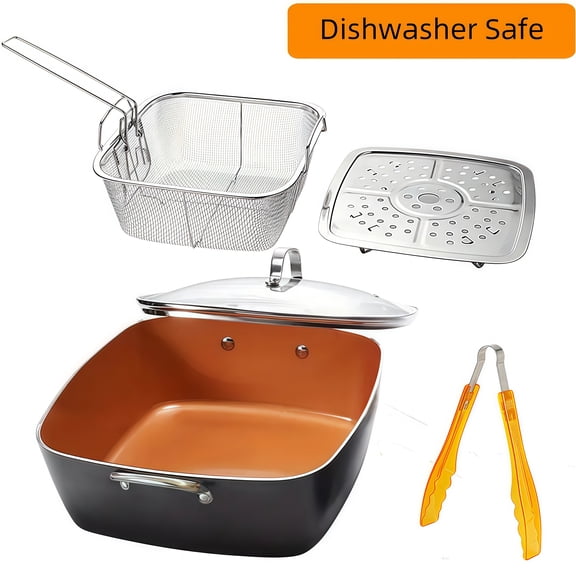 5-Piece 56 Qt Square Deep Fryer Pot Set with Basket & Glass Lid, Non-Stick
