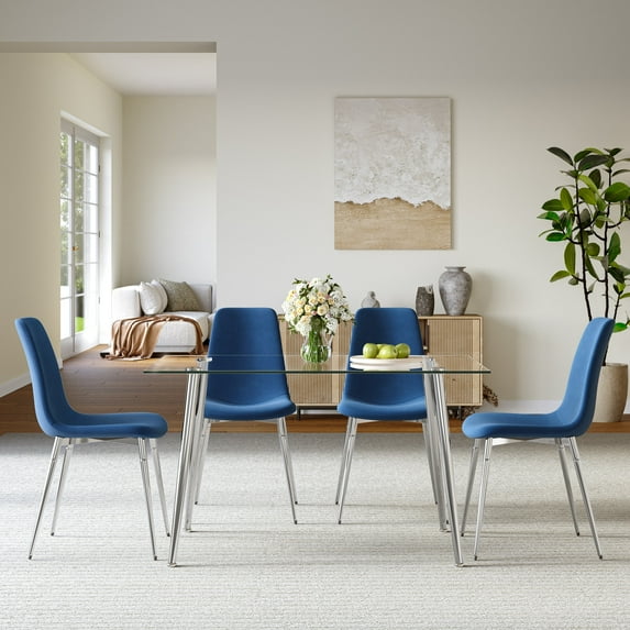 5-Piece 51" Rectangular Glass Dining Table, Clear Tempered Glass Table & 4 Velvet Chairs with Metal Legs for Kitchen, Meeting Room