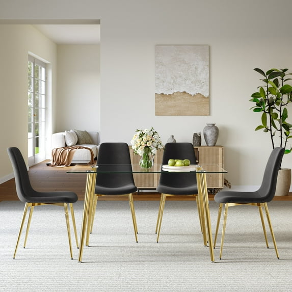 5-Piece 51" Rectangular Glass Dining Table, Clear Tempered Glass Table & 4 Velvet Chairs with Metal Legs for Kitchen, Meeting Room