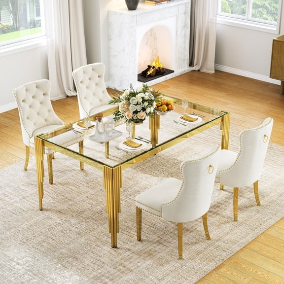 5-Piece 65" Glass Dining Table Set for 4, Tempered Glass Top with Flute-Inspired Mirrored Stainless Steel Legs, 4 Button-Tufted Velvet Chairs with Stainless Steel Legs