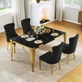 thumbnail image 1 of 5-Piece 65" Glass Dining Table Set for 4, Tempered Glass Top with Flute-Inspired Mirrored Stainless Steel Legs, 4 Button-Tufted Velvet Chairs with Stainless Steel Legs, 1 of 7