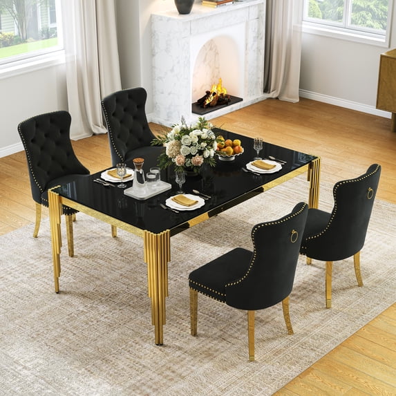 5-Piece 65" Glass Dining Table Set for 4, Tempered Glass Top with Flute-Inspired Mirrored Stainless Steel Legs, 4 Button-Tufted Velvet Chairs with Stainless Steel Legs