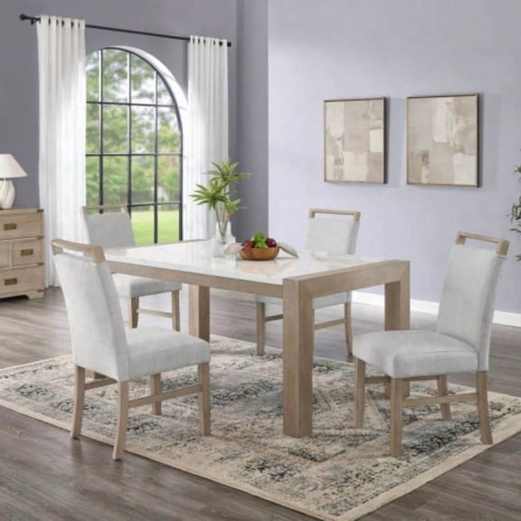 5-Piece 66 Inch Rectangular Dining Set, White Faux Marble Top with Oak Frame, Perfect for Small to Medium Dining Spaces