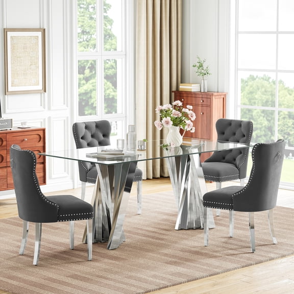 5-Piece 70" Glass Dining Table Set for 4, Tempered Glass Top with Flash-Shaped Irregular Mirror Stainless Steel Base, 4 Button-Tufted Velvet Chairs with Stainless Steel Legs
