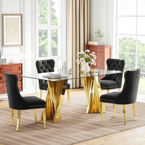 5-Piece 70" Glass Dining Table Set for 4, Tempered Glass Top with Flash-Shaped Irregular Mirror Stainless Steel Base, 4 Button-Tufted Velvet Chairs with Stainless Steel Legs