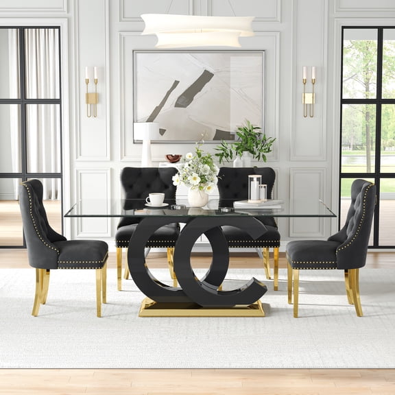 5-Piece 70" Glass Dining Table Set, Tempered Glass Top with OC Shape Frame & Stainless Steel Base, 4 Velvet Chairs with Stainless Steel Legs